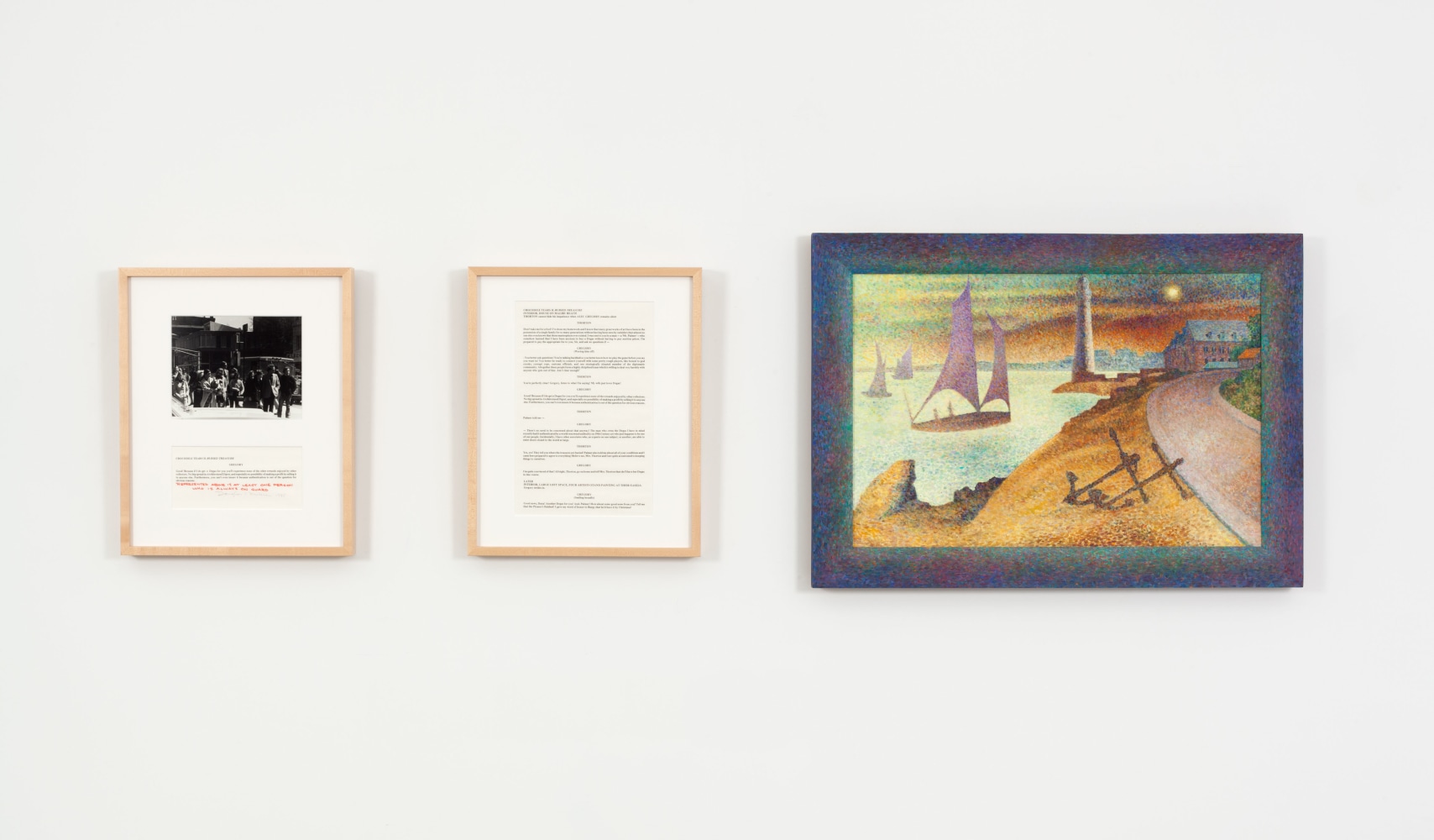 Douglas Huebler Crocodile Tears: Buried Treasure (Seurat), 1985 ink on paper, black and white photograph, oil on canvas left, text & photo framed: 21 x 17 in. (53.3 x 43.2 cm) center, text framed: 21 x 17 in. (53.3 x 43.2 cm) right, canvas framed: 25 3/4 x 35 3/4 in. (65.4 x 90.8 cm) overall: 25 3/4 x 83 1/4 in. (65.4 x 211.5 cm)