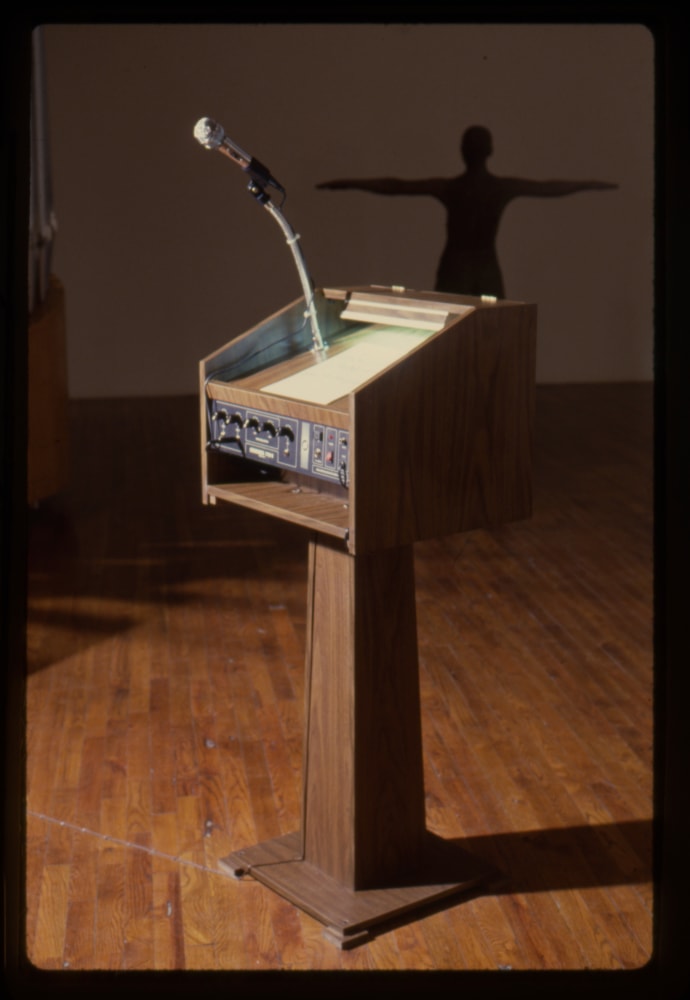 Jonathan Borofsky &quot;Podium ('This microphone is turned on - open to the public') at 3,214,884&quot; 1990 Wood laminate, microphone, speakers 56 1/4&quot; x 17 1/4&quot; x 19 7/8&quot;