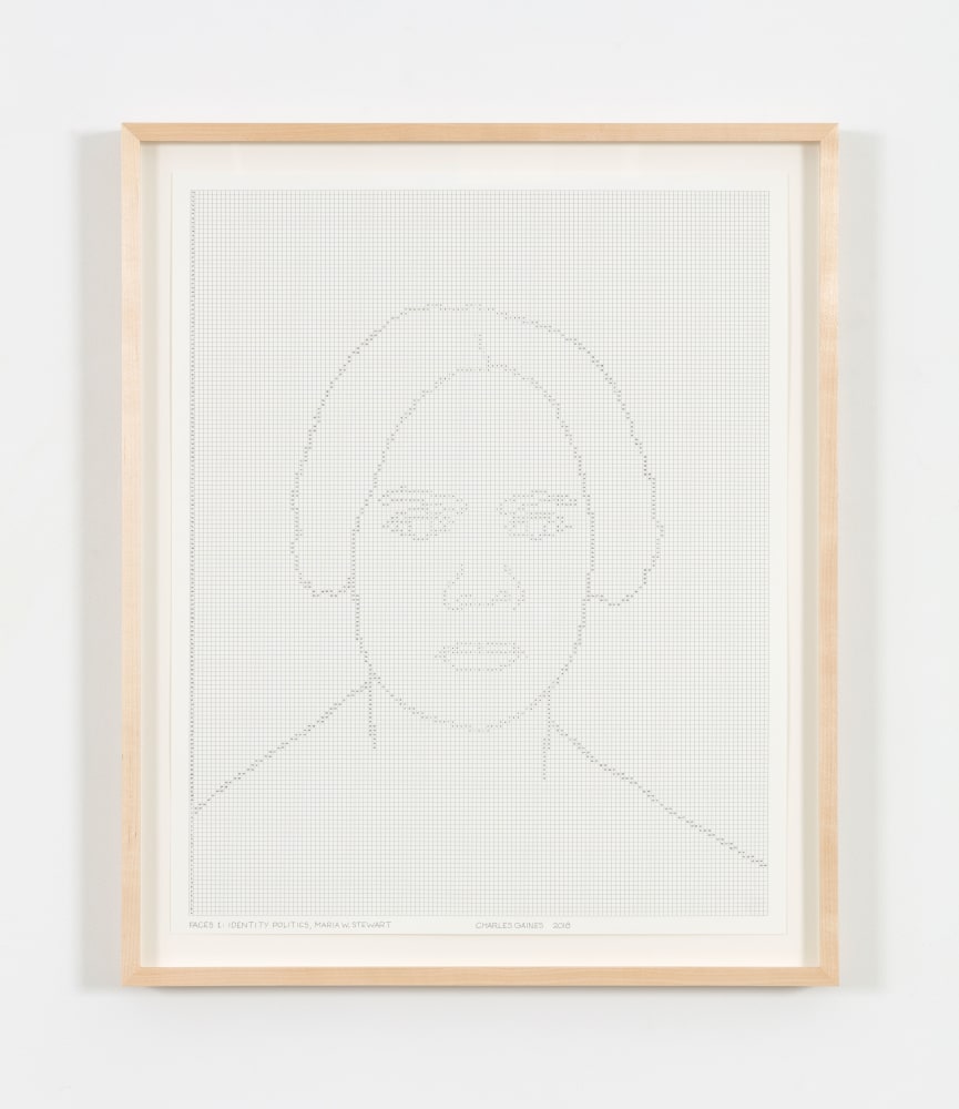 Charles Gaines Faces 1: Identity Politics, Drawing #2, Maria W Stewart, 2018 ink on paper 20 7/8 x 16 7/8 in. (53 x 42.9 cm); frame: 23 1/2 x 19 1/2 x 1 1/2 in. (59.7 x 49.5 x 3.8 cm)