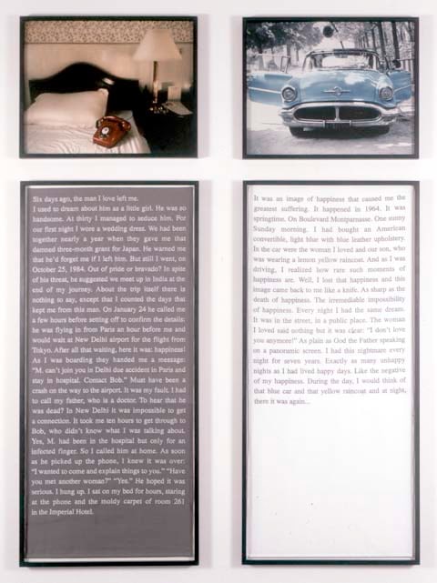 Sophie Calle "Exquisite Pain (Day 6)" 2000 2 embroidery text panels, 2 photo panels text: 51 1/8 x 23 5/8 in. photo" 18 7/8 x 23 7/8 in.
