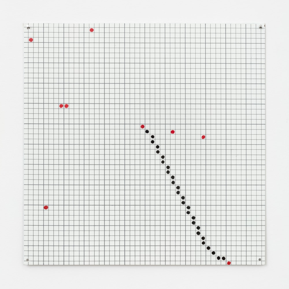 Jennifer Bartlett One Line (Connecting any Two of Nine Points), (detail), 1972 enamel, silkscreen, baked enamel on steel (9 units) each panel: 12 x 12 in. (30.5 x 30.5 cm), overall: 38 x 38 in. (96.5 x 96.5 cm)
