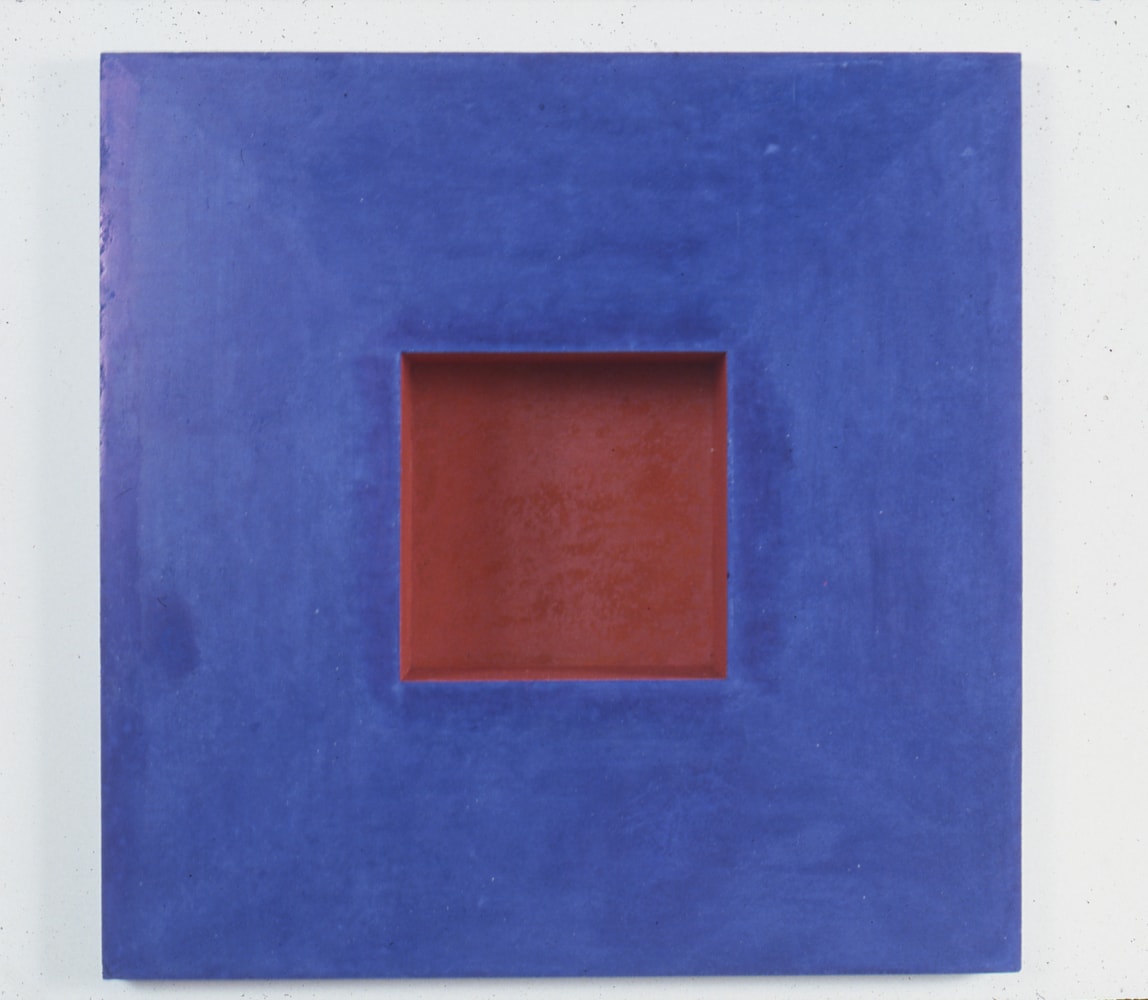 Jackie Winsor &quot;Blue Inset Wall Piece with Red Interior&quot; 1992 Acrylic altered cement and powdered pigment 17&quot; x 17&quot; x 3 7/8&quot;