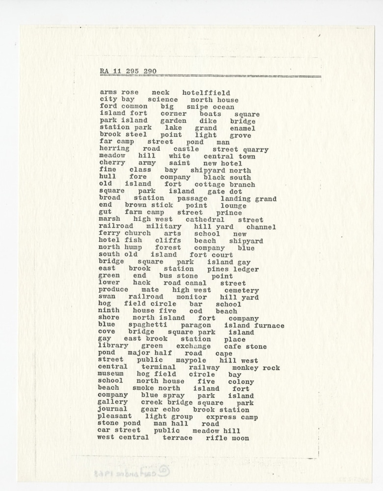Carl Andre &quot;RA 11 295 290&quot; Typed carbon on paper 11 7/8&quot; x 8 3/8&quot;
