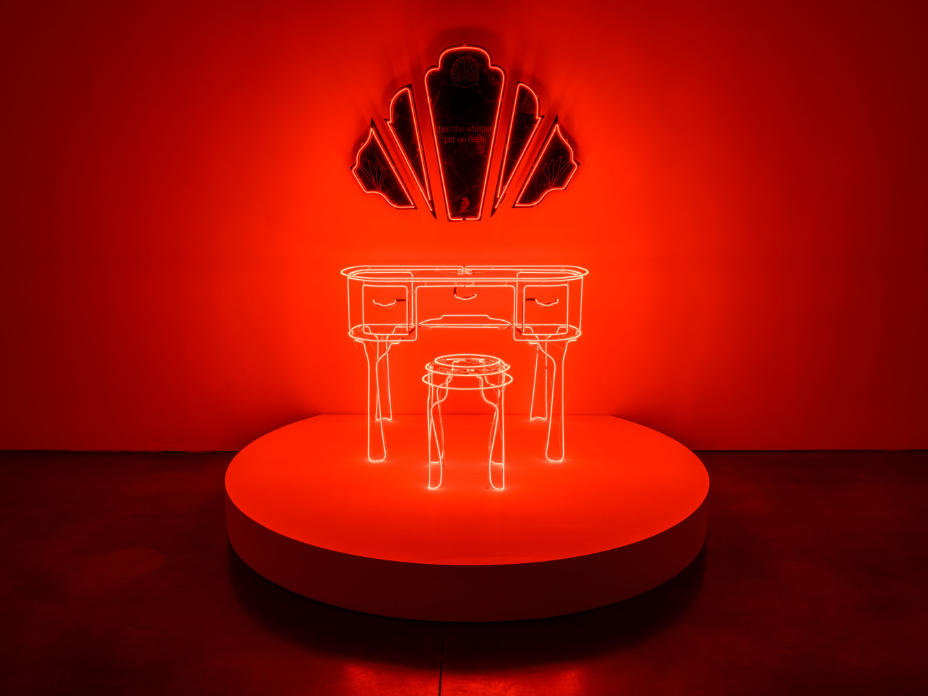 Ja'Tovia Gary Citational Ethics (Zora Neale Hurston, 1943), 2023 wood, neon and engraved obsidian overall: 75 x 77 x 65 in. (190.5 x 195.6 x 165.1 cm) stool: 19 1/2 x 13 x 13 in. (49.5 x 33 x 33 cm) vanity: 31 x 40 x 26 in. (78.7 x 101.6 x 66 cm) mirror: 30 x 41 x 9 in. (76.2 x 104.1 x 22.9 cm)
