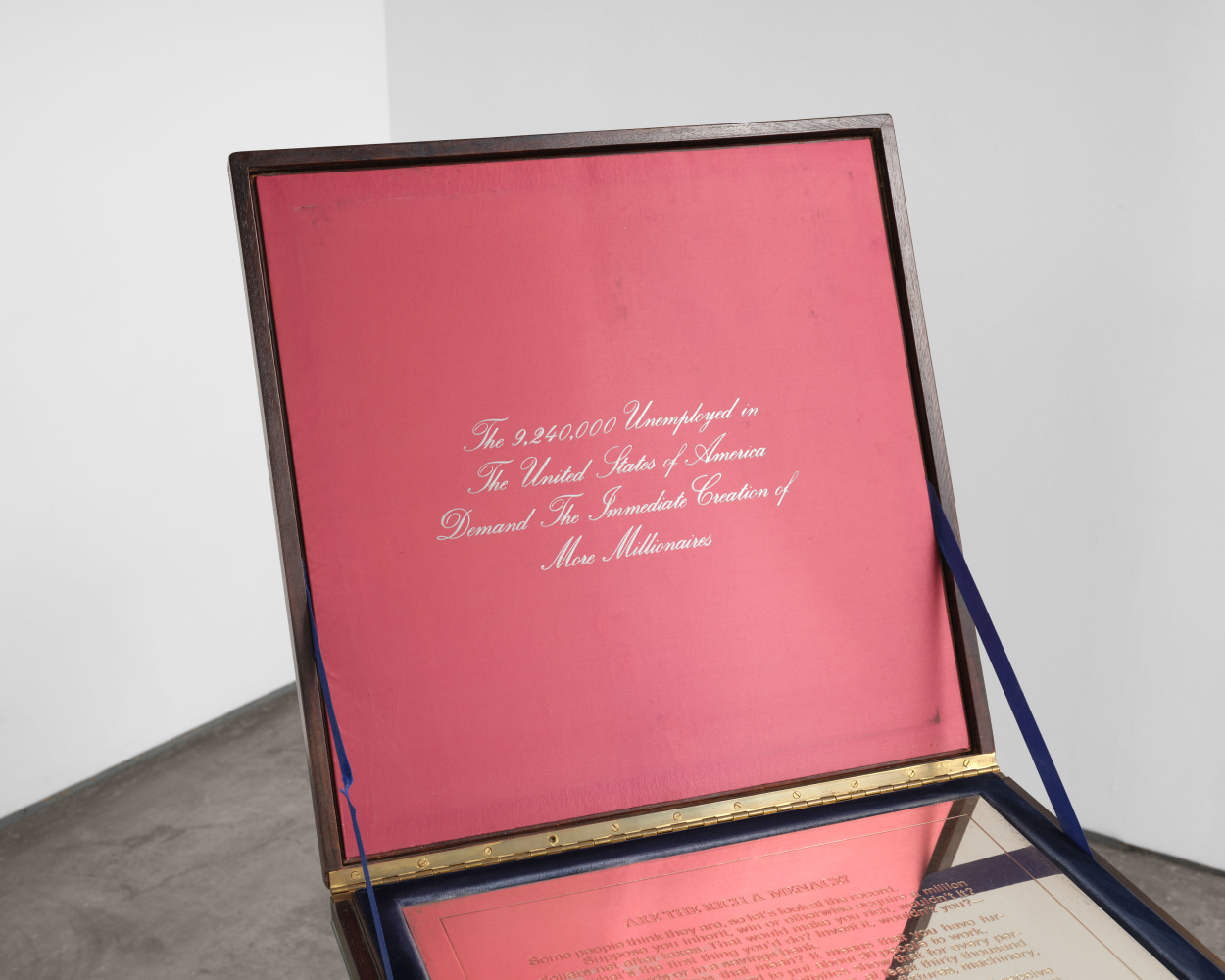Installation view of Tiffany Cares (1977-1978) in Hans Haacke: Taking Stock, 1975-1985, Paula Cooper Gallery, January 21 - February 25, 2023. Photo: Steven Probert.