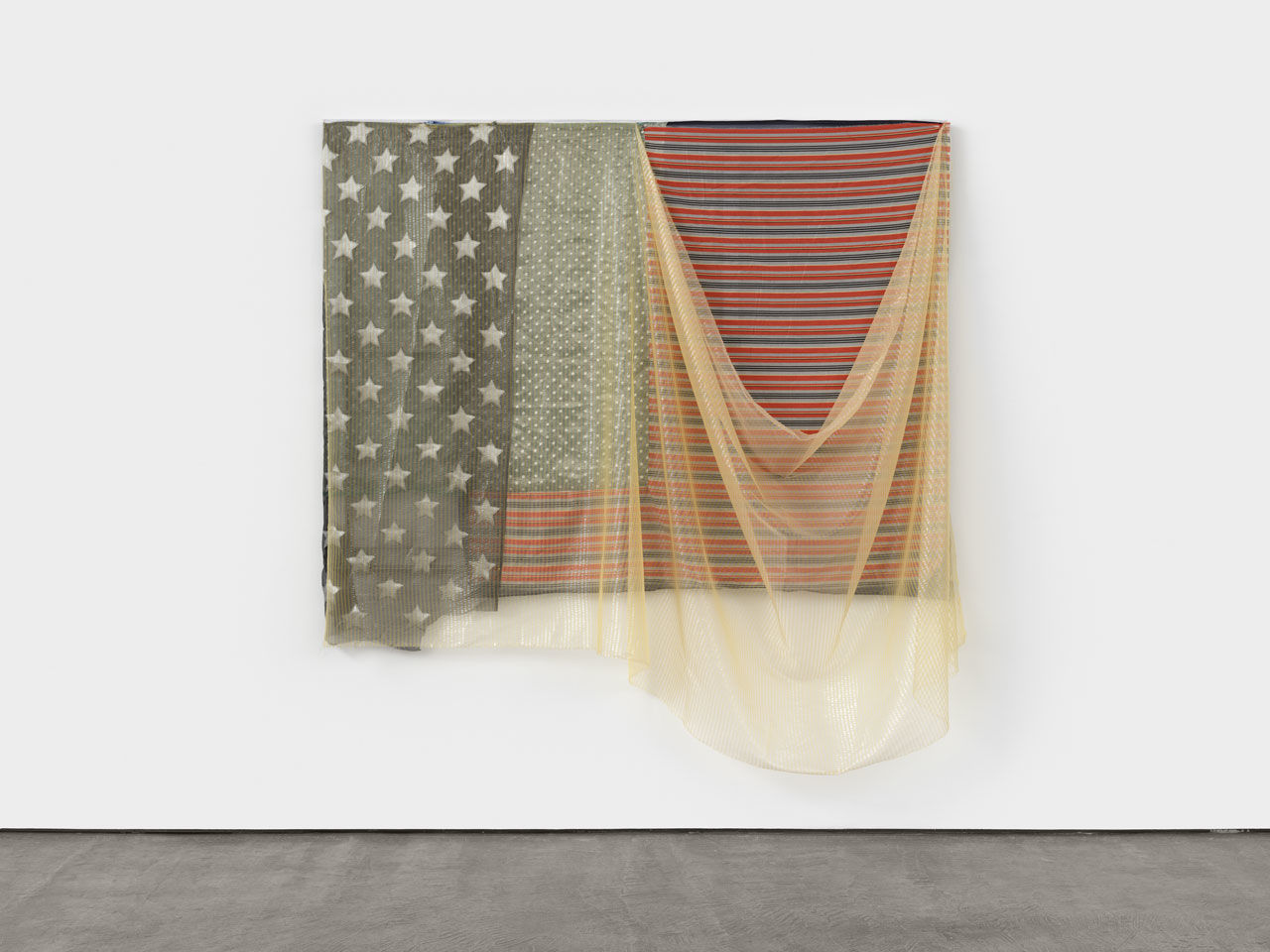 Eric N. Mack Star spangled banner for Jasper Jonez, 2024 selection of silks, polyesters, and scrim on aluminum stretcher bar 76 x 74 x 9 in. (193 x 188 x 22.9 cm)