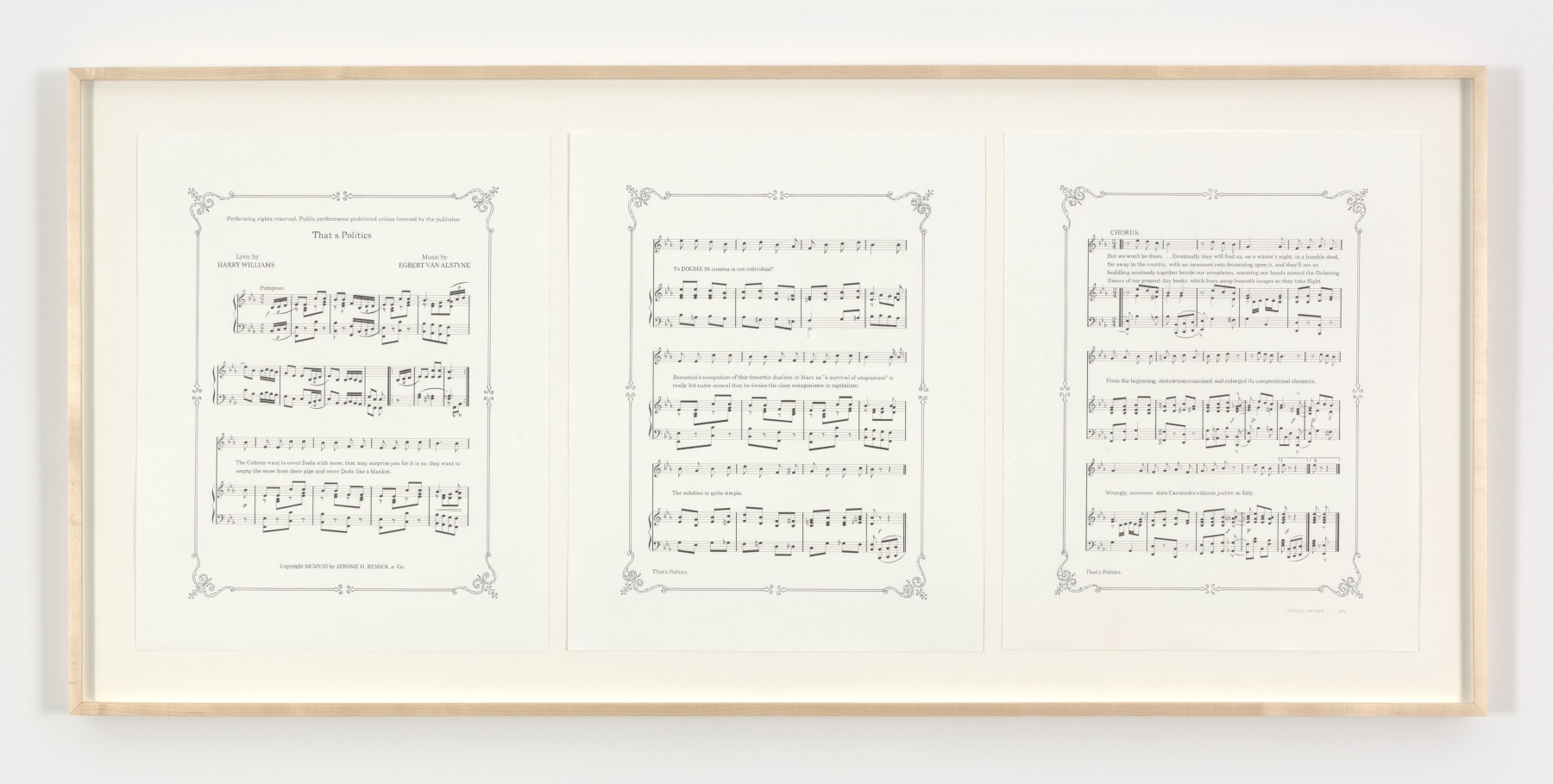 Charles Gaines Notes on Social Justice: That's Politics, (1908), 2013 ink on 3 sheets of Stathmore Bristol sheet each: 20 x 16 in. (50.8 x 40.6 cm) frame: 25 x 54 1/2 in. (63.5 x 138.4 cm)