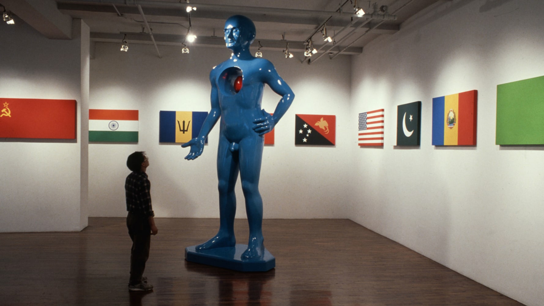 Installation view, Flags of the World, Paula Cooper Gallery, 155 Wooster Street, New York, April 2 -30, 1988. © Jonathan Borofsky. Courtesy Paula Cooper Gallery, New York. Photo: D. James Dee.