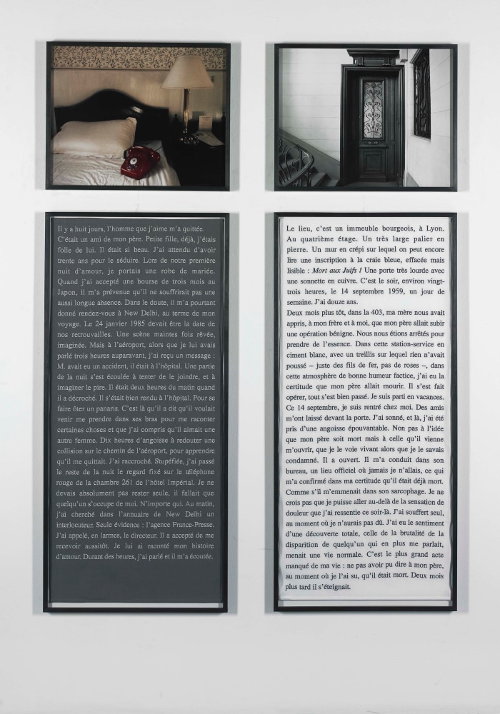 Sophie Calle "Exquisite Pain (Day 8)" 2000 2 embroidery text panels, 2 photo panels text: 51 1/8 x 23 5/8 in. photo" 18 7/8 x 23 7/8 in.