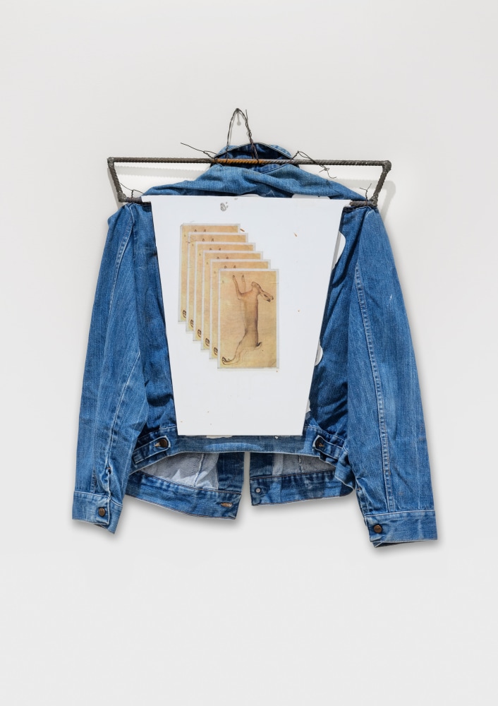 Matias Faldbakken Untitled, 2016 Denim jacket with cast synthetic plaster, burlap, steel wire, Lascaux acrylic medium, X prints on newsprint 33 1/2 x 30 1/3 x 5 1/2 in; 85 x 77 x 14 cm