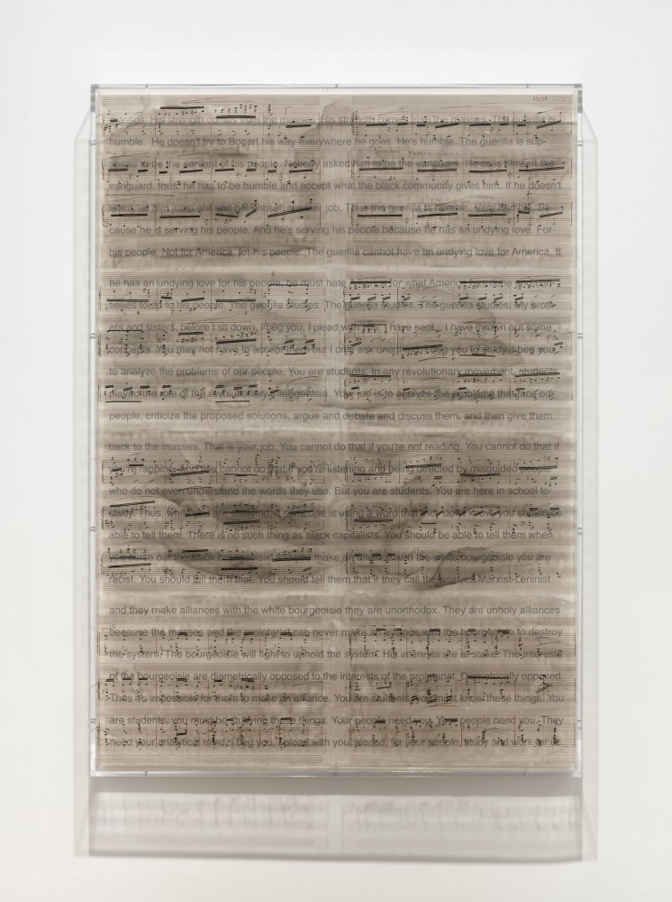 Charles Gaines Librettos: Manuel de Falla/Stokely Carmichael, #19, 2016 Printed ink stained paper and lilghtjet on acrylic 66 x 47 x 3 1/2 in. (167.6 x 119.4 x 8.9 cm)