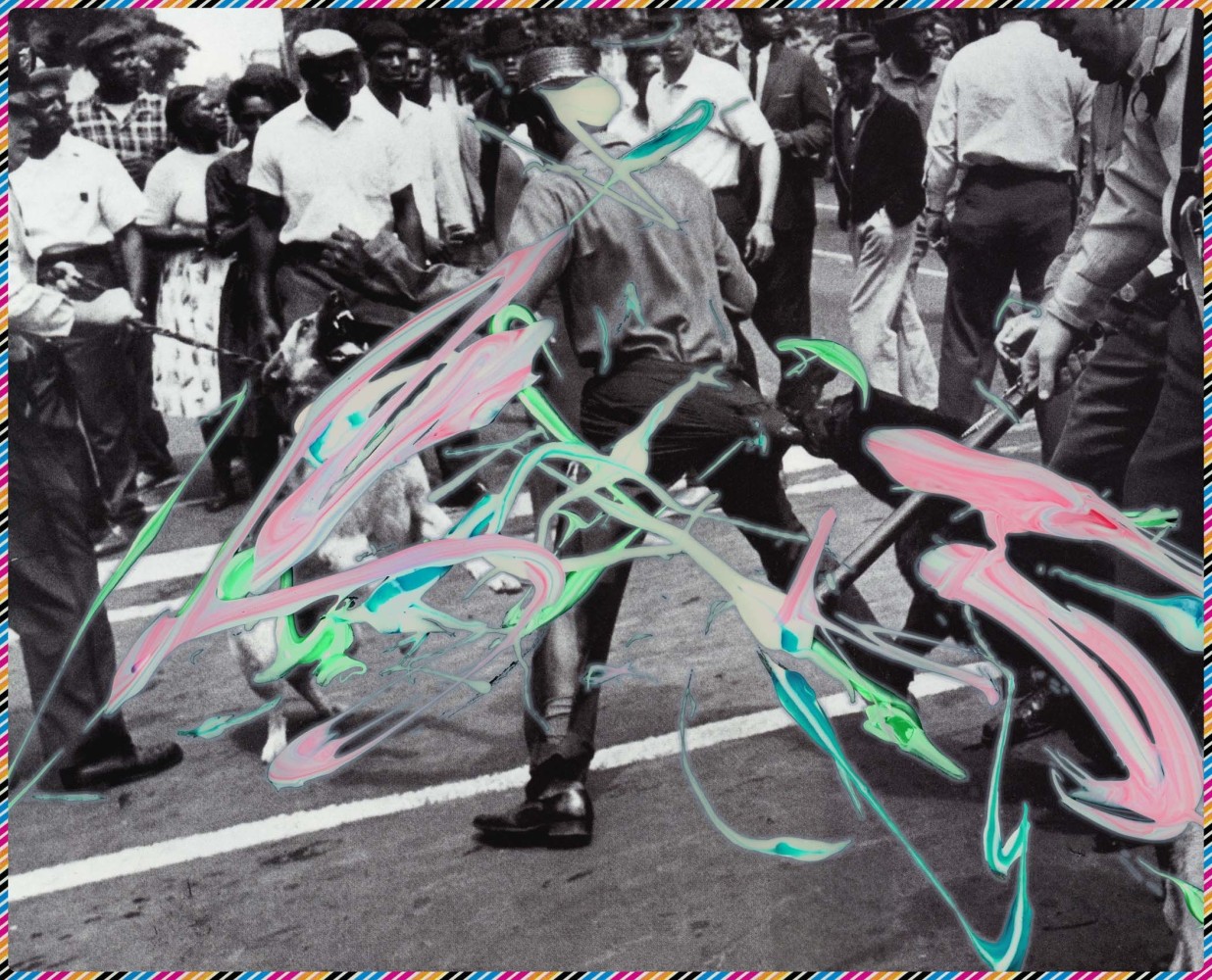 Kelley Walker "schema: Aquafresh plus Crest with tartar control" 2003 CD Rom; scanned image & toothpaste, digital print with gold leaf on archival watercolor paper 20 1/2 x 25 1/2 in.