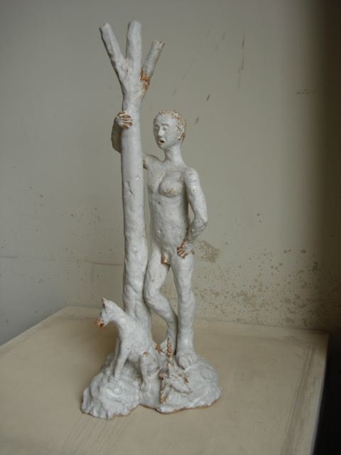 Peter Schlesinger "A Man With His Dog" 2004 Glazed ceramic 22 1/2 x 7 x 9 in.
