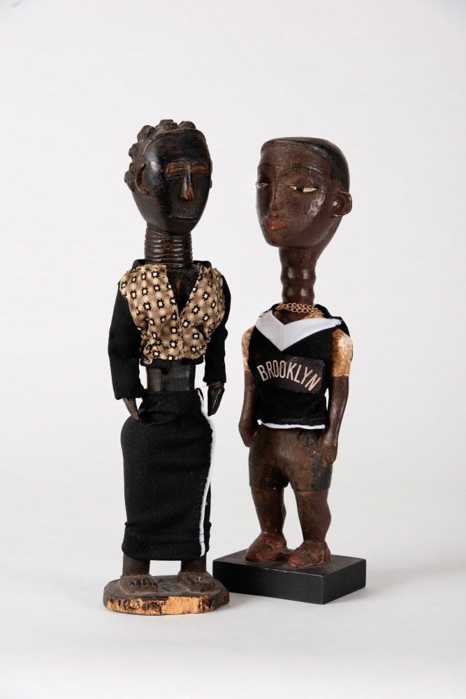 Ralph Lemon Consecration of Ancestor Figures #7 and #8, 2015 carved wood and textile #7: 13 x 4 x 3 in. (33 x 10.2 x 7.6 cm) #8: 13 x 3 1/2 x 3 1/4 in. (33 x 8.9 x 8.3 cm) costume production: Giovanna Flores