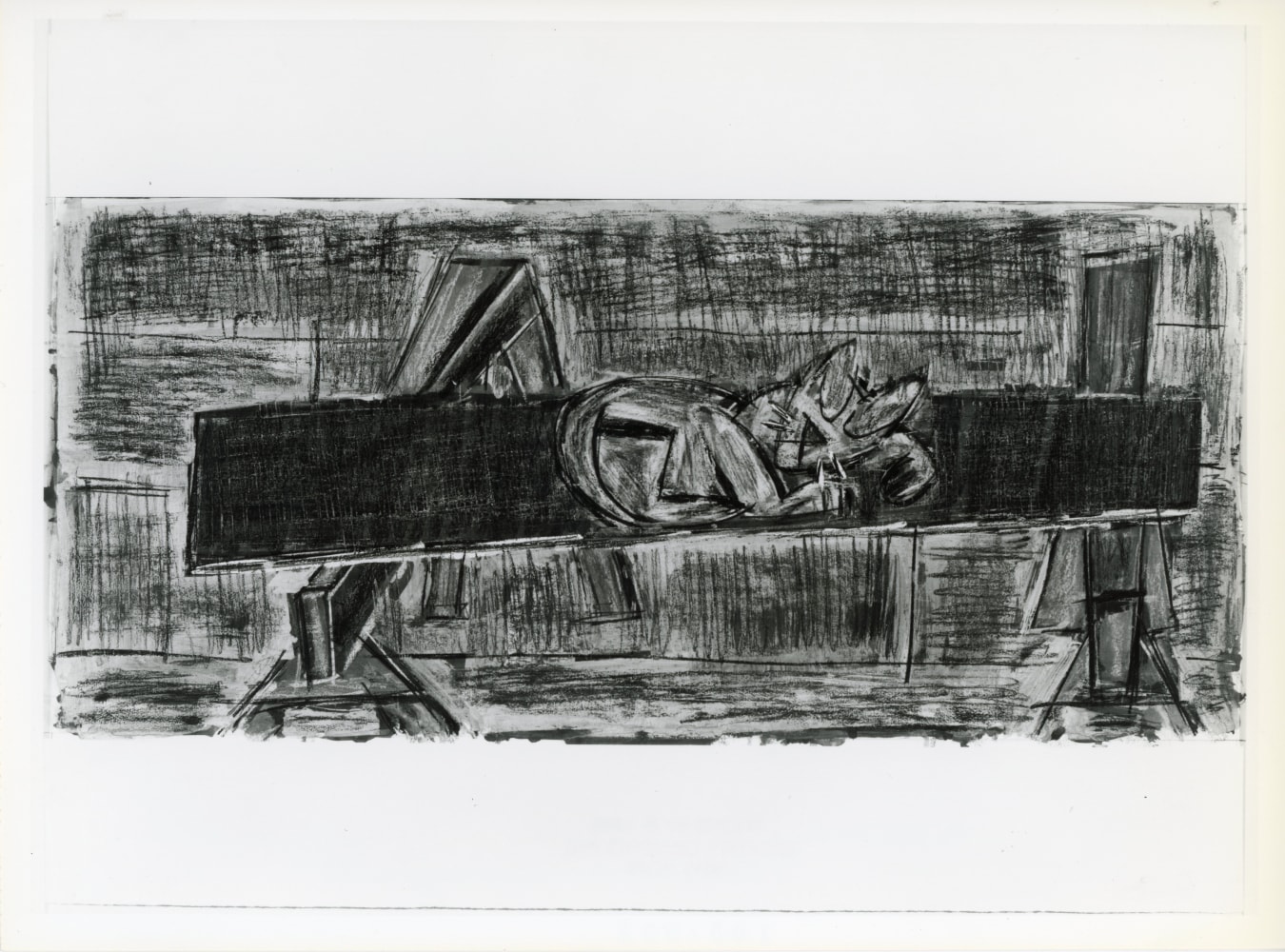 Michael Hurson &quot;Cat Sleep on Plank of Wood&quot; 1988 Pencil, conte, ink on paper 12&quot; x 27&quot;