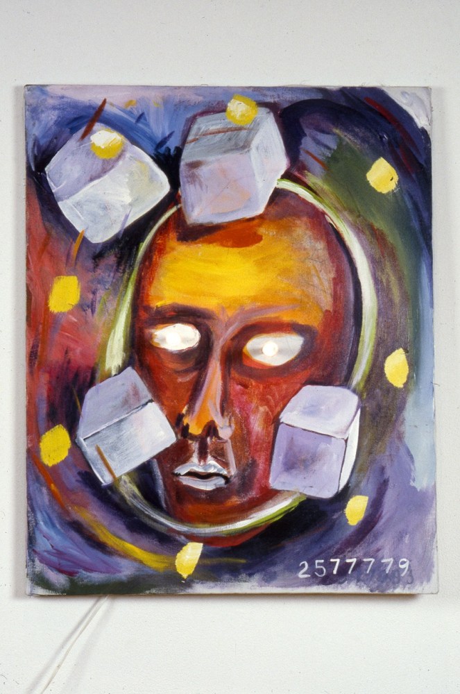 Jonathan Borofsky &quot;Painting with Light Bulb Eyes at 2577779&quot; 1980 Acrylic, canvas, cord, and lights 29 3/4&quot; x 23 7/8&quot; x 5&quot;