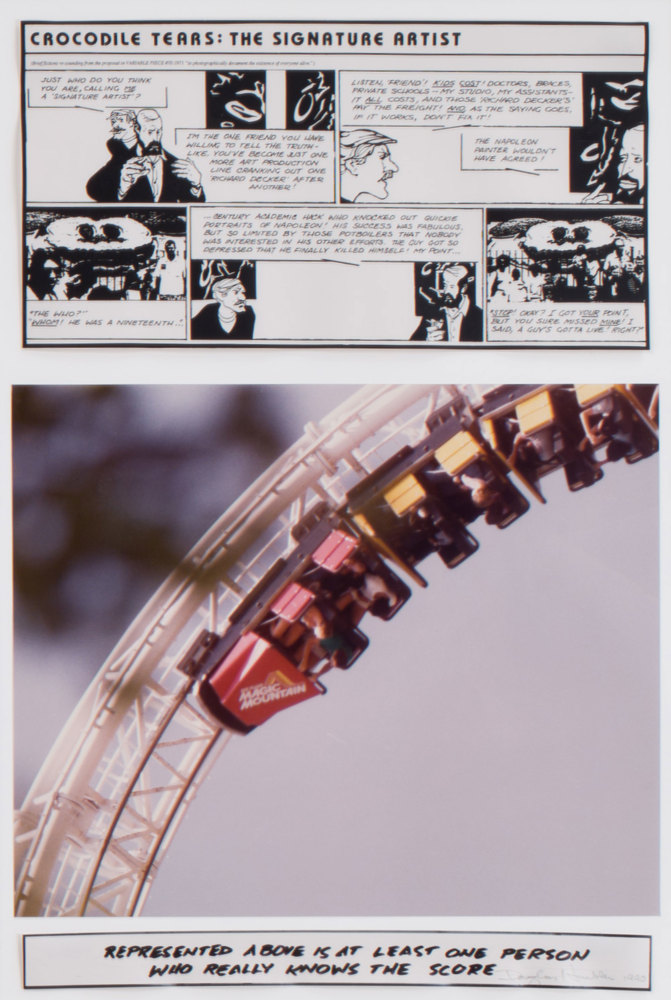 Douglass Huebler Variable Piece #70: 1971 (In Process) Global, Crocodile Tears: The Signature Artist (Napoleon), (detail), 1990 oil and acrylic on canvas, text, photograph, silkscreen on plexiglas overall: 41 1/2 x 112 3/4 in. (105.4 x 286.4 cm)