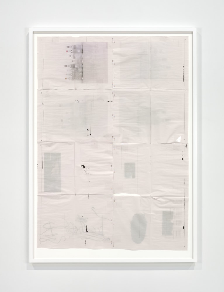 Matias Faldbakken SEE YOU ON THE FRONT PAGE OF THE LAST NEWSPAPER THOSE MOTHERFUCKERS EVER PRINT #6 (panel 5), 2014 newsprint, India ink, tape, wooden frame paper size: 61 x 43 5/8 in. (154.9 x 111.4 cm) framed: 67 3/4 x 48 3/8 in. (172.1 x 122.9 cm)