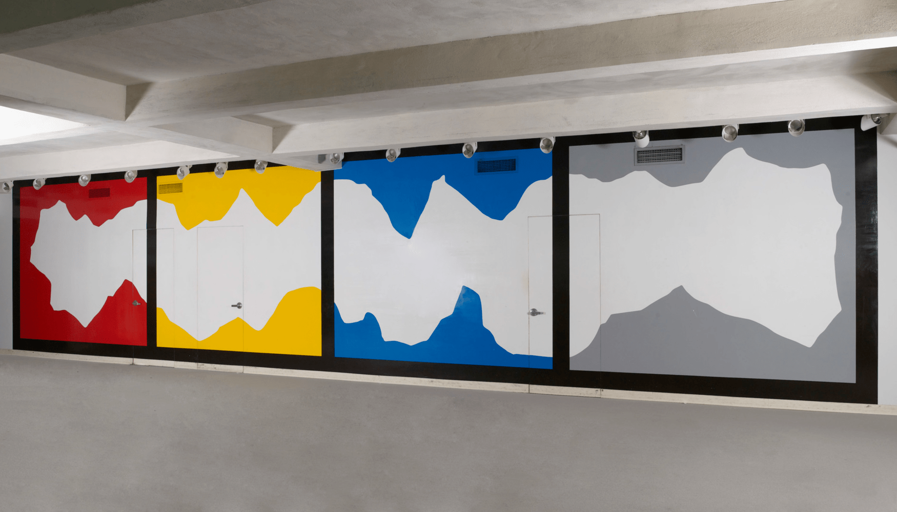 Sol LeWitt Wall Drawing #878 White irregular form on red, yellow, blue and gray rectangles, August 1998 acrylic paint dimensions variable First drawn by: Kevin Oster, Mio Takashima First installation: Studley, Inc., New York Works accompanied by a Certificate of Authenticity