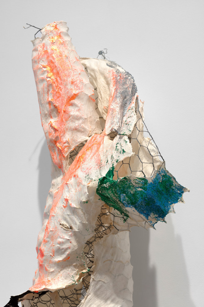 Vested Spirit, (detail), 2015 handmade paper over chicken wire, coal tempera, acrylic medium, gold sparkles, sparkles 36 1/2 x 16 x 11 in. (92.7 x 40.6 x 27.9 cm)