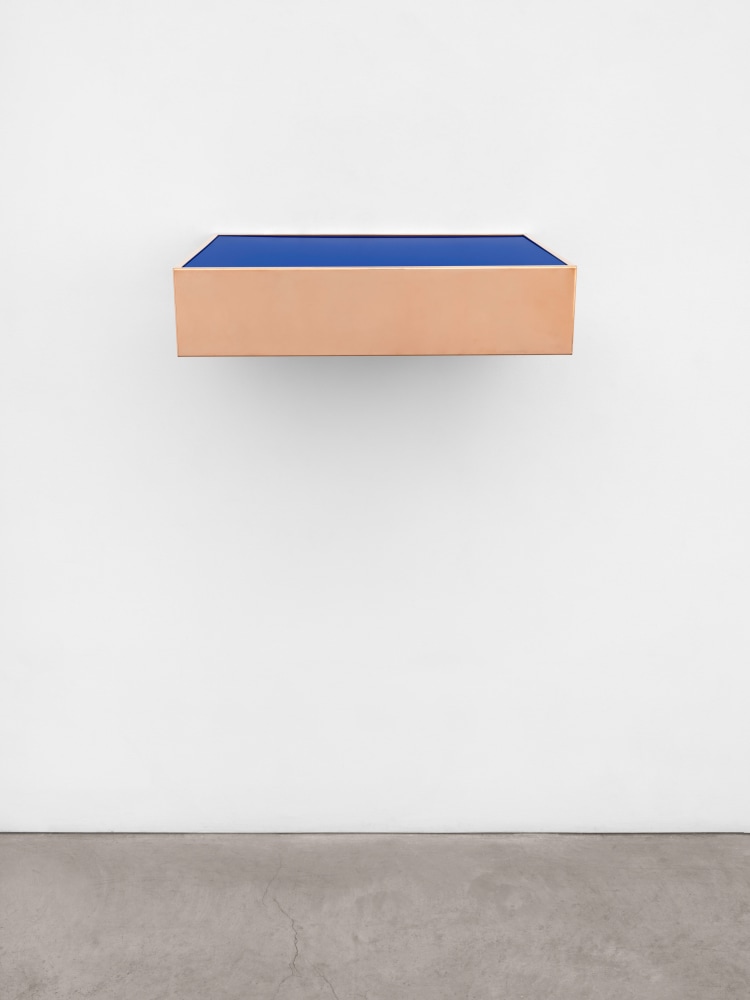 Donald Judd, Untitled, 1980, copper and blue plexiglass, 6 x 27 x 24 in. (15.2 x 68.6 x 61 cm)