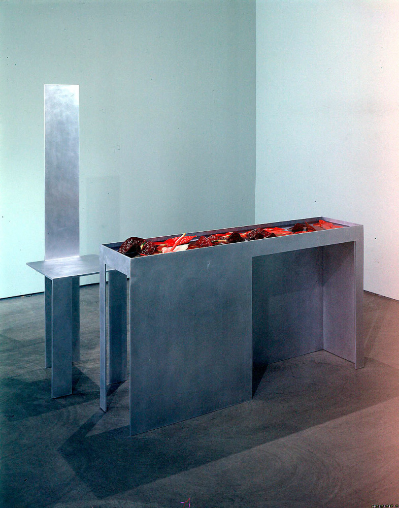 Robert Wilson "A Chair and a Table for An Author" 1998 Brushed aluminum, flowers, water 30 x 55 x 13" (table) 61 x 16 x 16" (chair)
