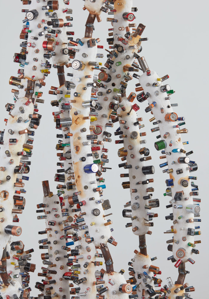 Bones, (detail), 2017 plaster, steel, spent batteries 90 1/4 x 36 x 36 in. (229.2 x 91.4 x 91.4 cm)