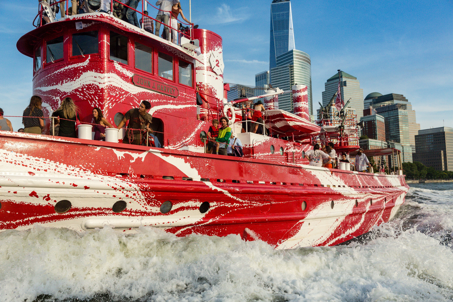 Flow Separation, 2018, Commissioned by Public Art Fund and 14-18 NOW and presented on Fireboat John J. Harvey in New York Harbor July 1, 2018 – May 12, 2019., Image by Nicholas Knight, courtesy Public Art Fund, NY.
 