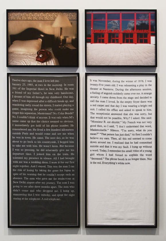 Sophie Calle "Exquisite Pain (Day 12)" 2000 2 embroidery text panels, 2 photo panels text: 51 1/8 x 23 5/8 in. photo" 18 7/8 x 23 7/8 in.