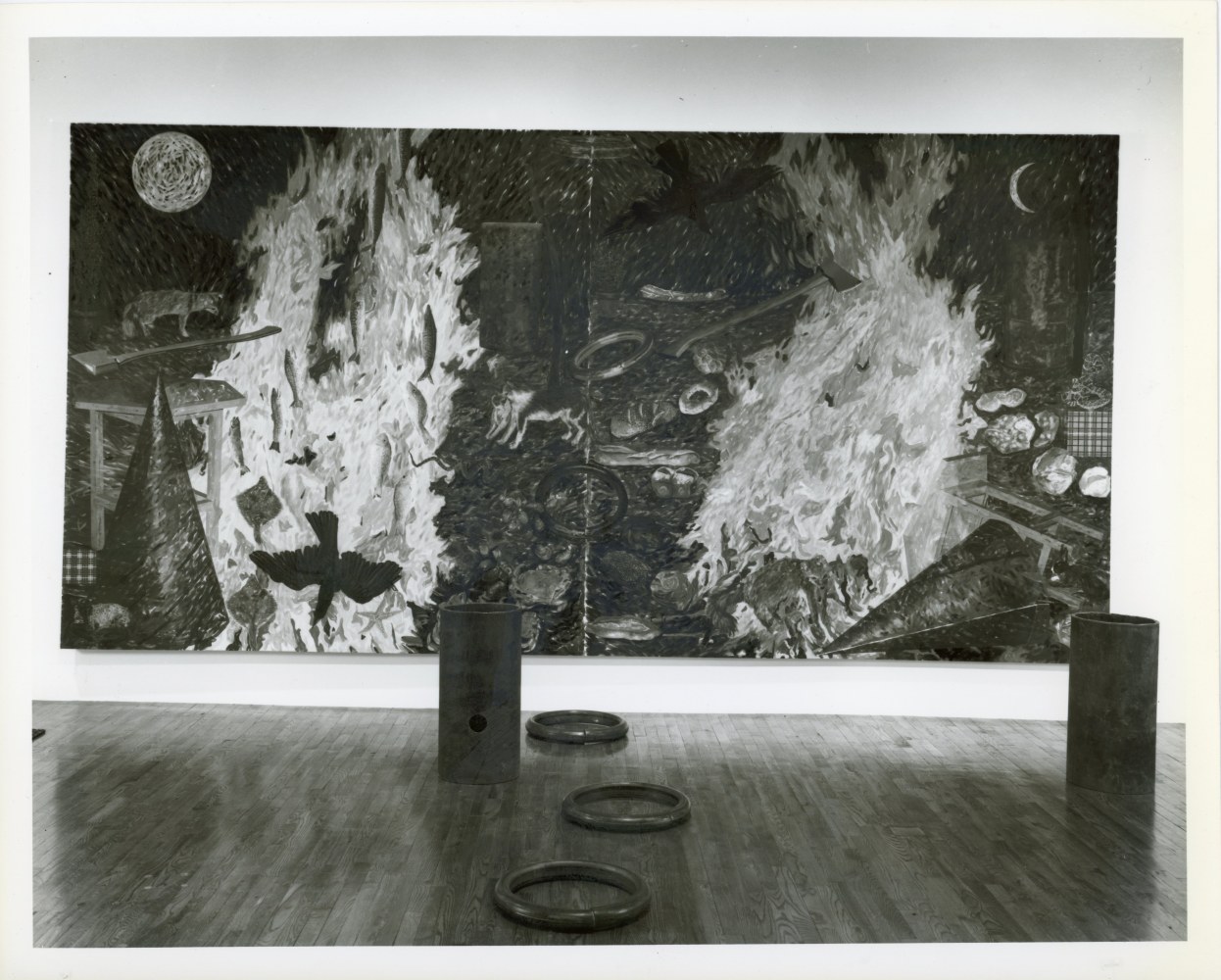 Jennifer Bartlett &quot;Fish and Bread: Description without Place&quot; 1989 Painting: oil on canvas 108&quot; x 216&quot; Cylinders: welded and rolled steel 1 with 3&quot; diameter hole inside 28&quot; x 14&quot; diameter each Rings: welded and rolled steel 2&quot; diameter pipe rolled to 20&quot; outside diameter Grids: welded and rolled steel 5/8&quot; x 7&quot; x 7&quot; 5/8&quot; x 9&quot; x 9&quot;