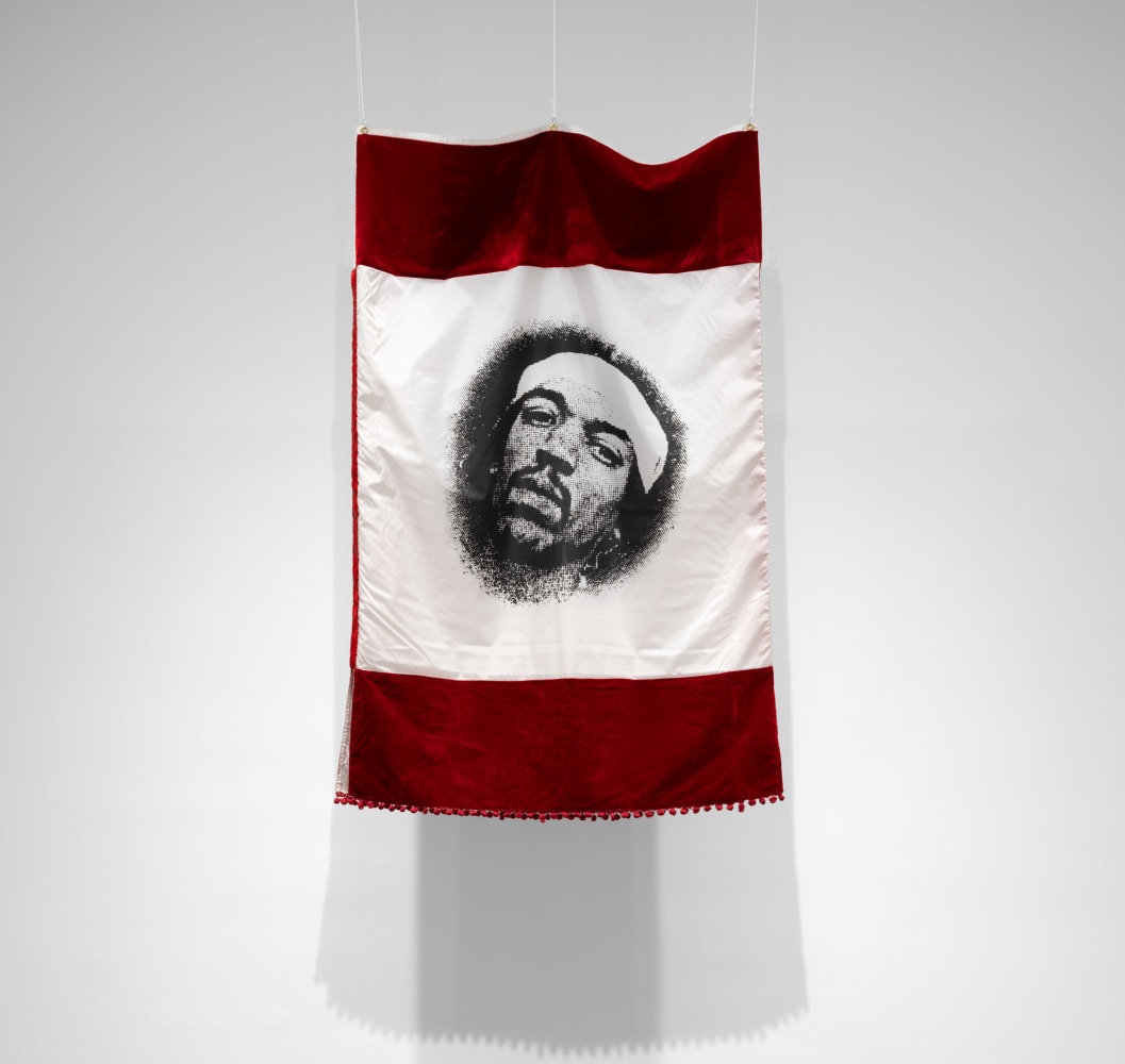 Terry Adkins, Hendrix Flag, 2012, Velvet with silkscreen on polyester 43 x 80 in. (109.2 x 203.2 cm)
