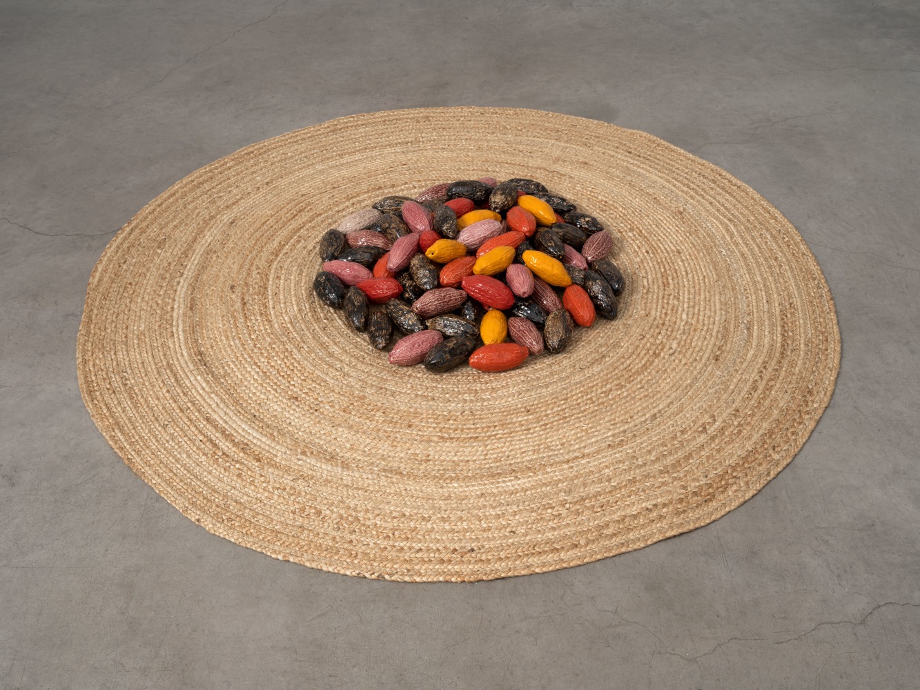 Veronica Ryan, Cocoa Passion in Tandem, 2021 ceramic stoneware, pigment, volcanic ash, jute rug, overall: height variable x 70 7/8 x 70 7/8 in. (180 x 180 cm)