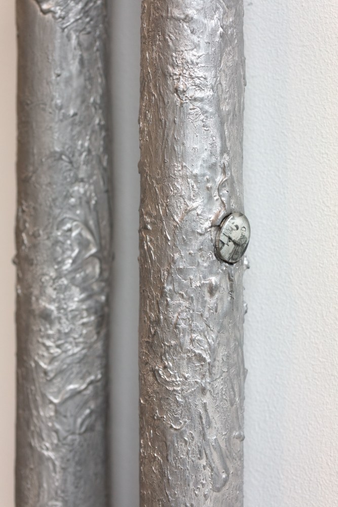 Untitled (Pipes 8), (detail), 2017 cardboard, aluminum paint, clay, metal, photo paper, inkjet dye, resin 93 x 5 x 2 in. (236.2 x 12.7 x 5.1 cm)