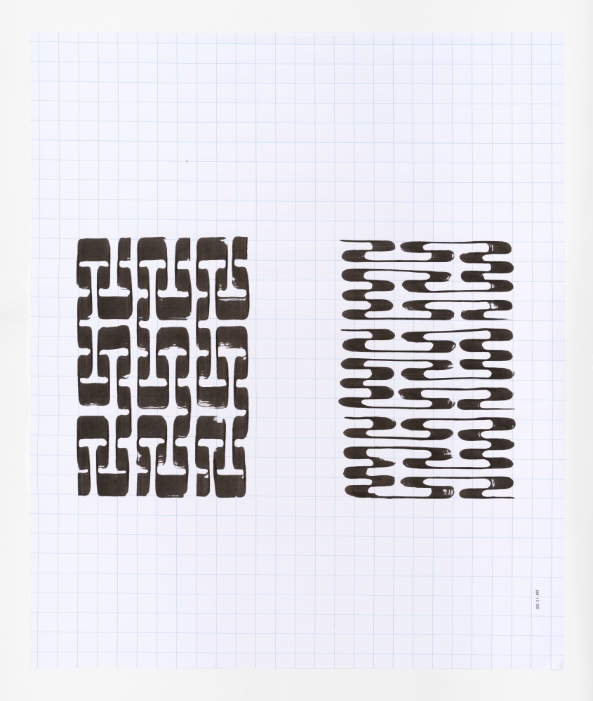 Tauba Auerbach Ligature Drawing, 12 June 2022, 2022 ink on paper with date stamp 32 1/2 x 27 in. (82.6 x 68.6 cm)