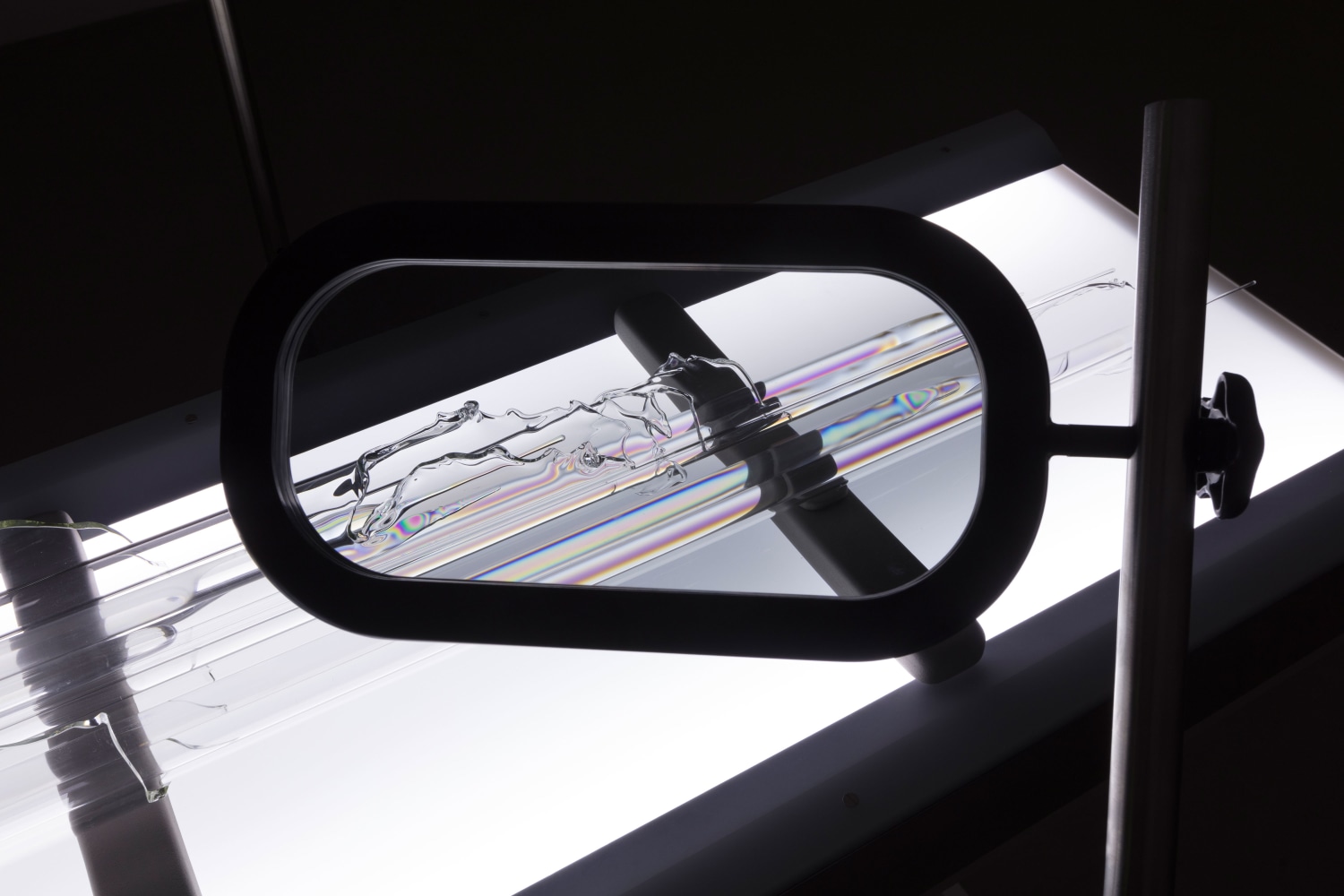 Tauba Auerbach
Non-Invasive Procedure, 2018
adjustable height medical table, light box, three lenses with stainless steel supports, polarized film, plastic and glass
medical table
overall dimensions: 69 1/2 x 48 x 95 in. (176.5 x 121.9 x 241.3 cm)