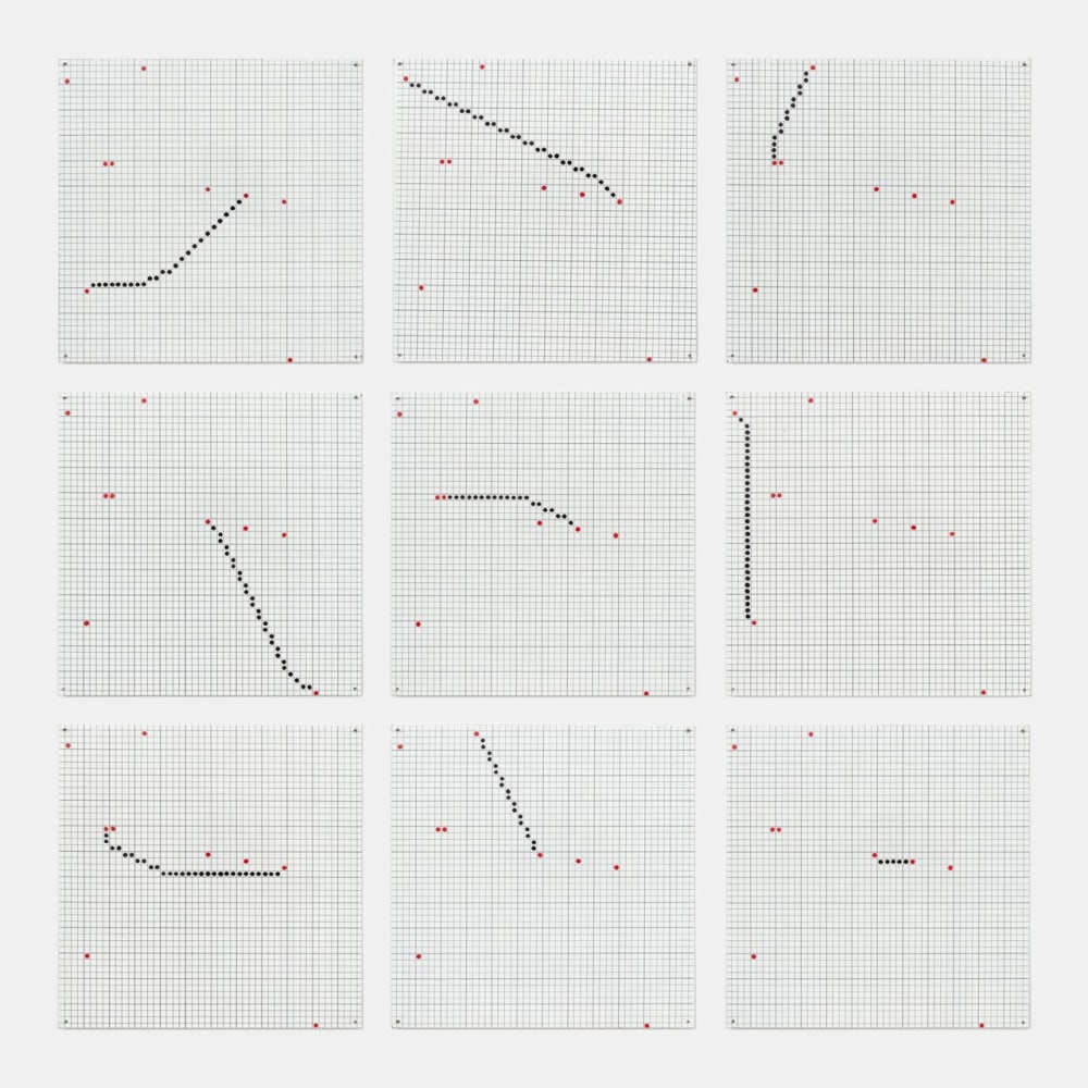 Jennifer Bartlett One Line (Connecting any Two of Nine Points), 1972 Testors enamel, silkscreen, on 9 baked enamel steel plates each panel: 12 x 12 in. (30.5 x 30.5 cm) overall: 38 x 38 in. (96.5 x 96.5 cm)