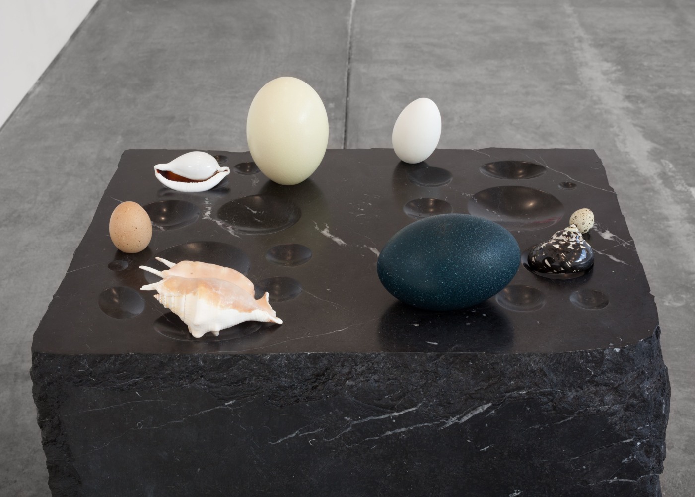 Sam Durant Les Armes Miraculeuses, (detail), 2014 marble, wood, eggs, shells (fabrication, Dan Axe, Telara Studio d’Arte, Carrara, Italy) overall: 34 x 18 1/2 x 24 in. (86.4 x 47 x 61 cm)