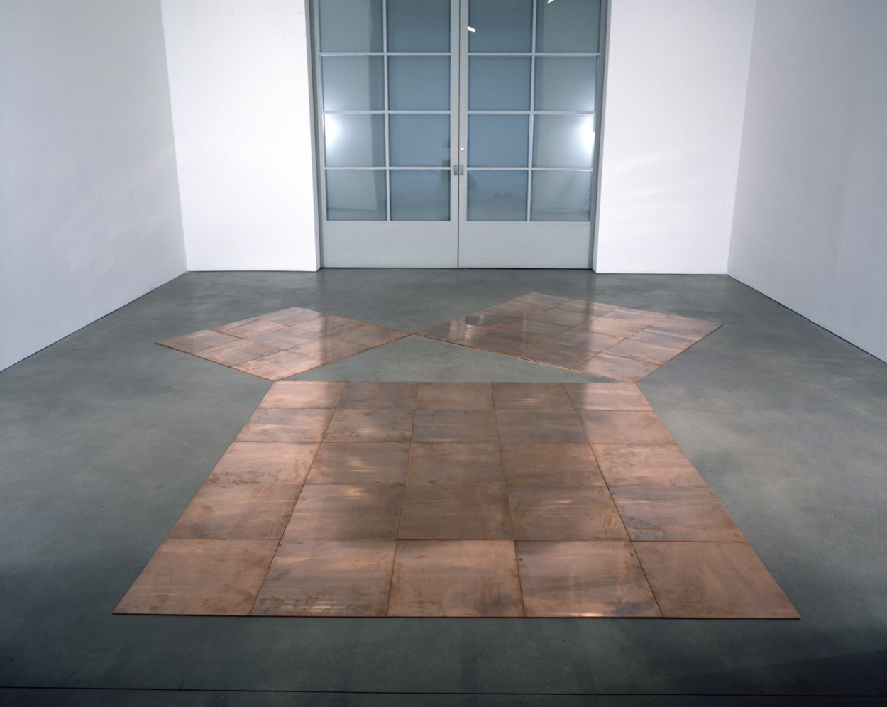 Carl Andre "The Void Enclosed by the Copper Squares of Three, Four, & Five" 1998 50 copper plates 3/8" x 18' x 16'3" overall
