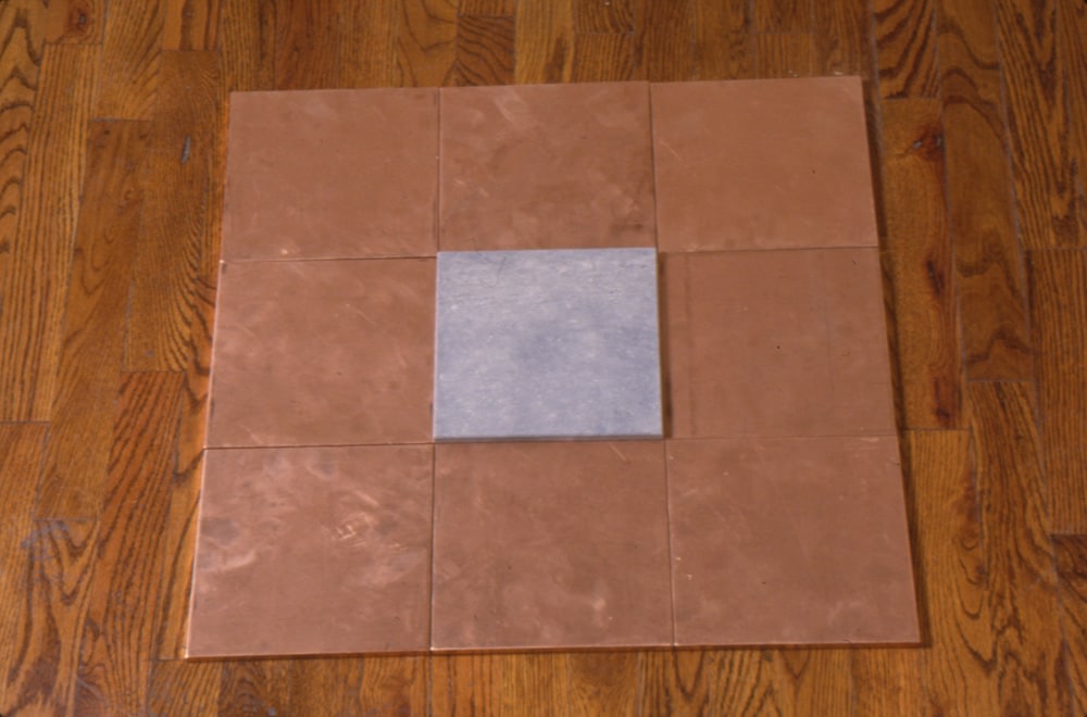 Carl Andre &quot;Copper Blue Moat&quot; 1990 Copper and limestone overall: 3/4 x 23 3/4 x 23 5/8 in.