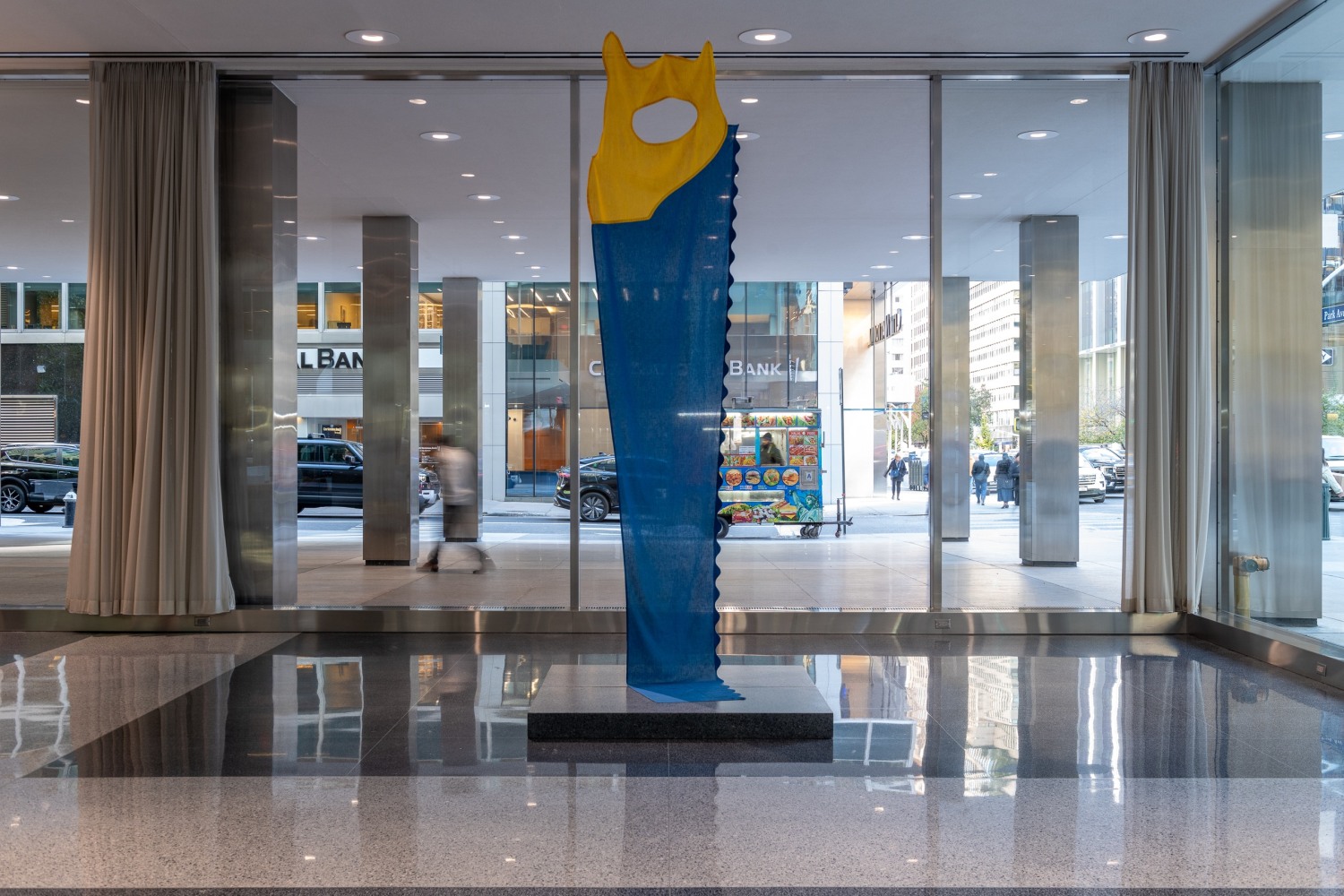 Installation view of Claes Oldenburg & Coosje van Bruggen at Lever House. © Claes Oldenburg and Coosje van Bruggen. Courtesy of the Estate of Claes Oldenburg & Coosje van Bruggen and Paula Cooper Gallery, New York. Photo credit: Timothy Schenck