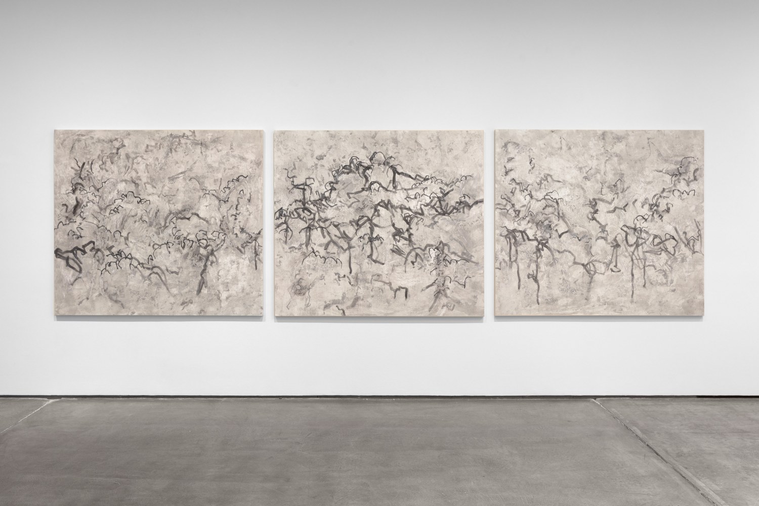 Beatrice Caracciolo Bosco Lontano II, 2019 pigment, water soluble chalk, graphite, gouache on paper, mounted on canvas Triptych:   panel A: 57 1/2 x 65 x 1 1/4 in. (146 x 165.1 x 3.1 cm) panel B: 57 1/2 x 64 3/4 x 1 1/4 in. (146 x 164.4 x 3/1 cm) panel C: 57 3/4 x 65 x 1 1/4 in (146.6 x 165 x 3.1 cm)