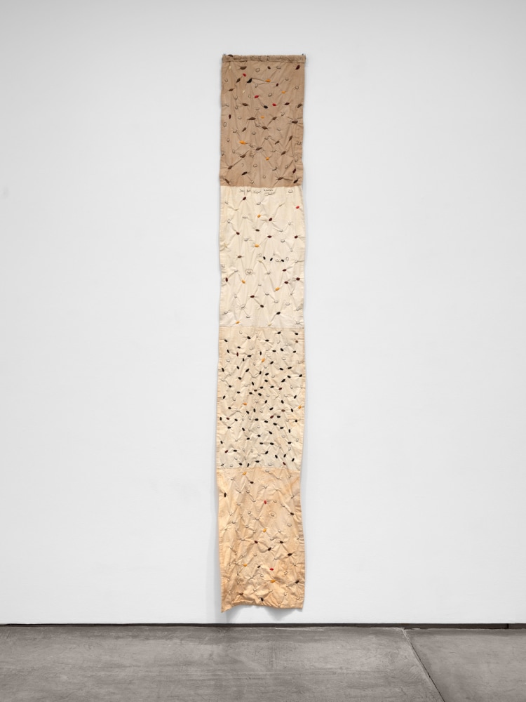 Veronica Ryan, Dem Mash You Up Man, 2020 fabric, seeds, thread, 105 x 16 x 1 in. (266.7 x 40.6 x 2.5 cm)