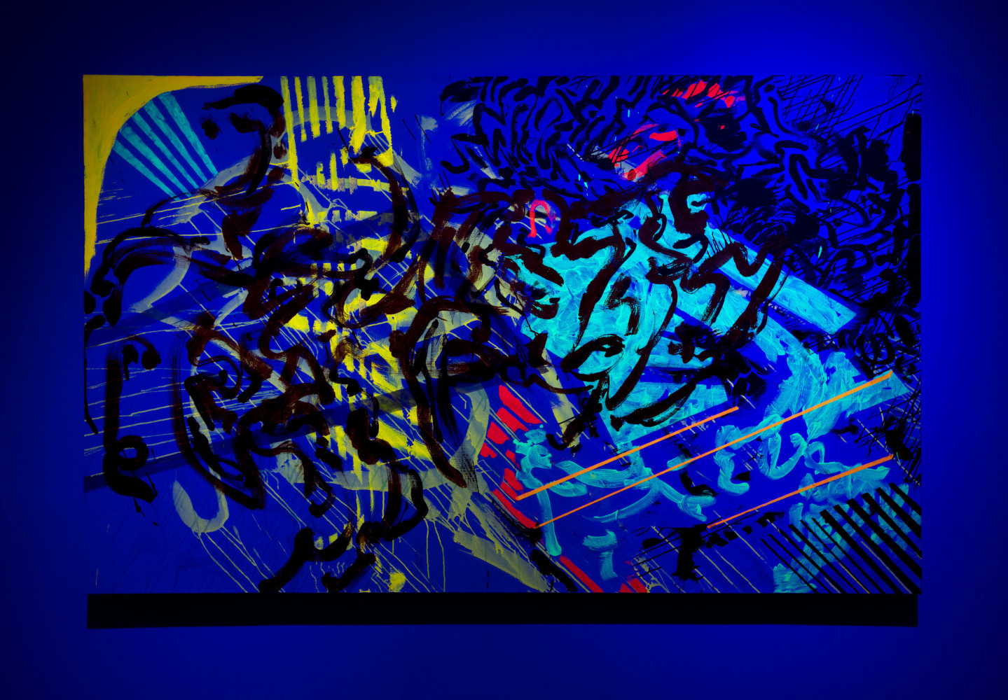 Mark di Suvero
Ergo, 2016
acrylic and phosphorescent paint on linen
65 x 105 x 2 1/2 in. (165.1 x 266.7 x 6.4 cm)
frame: 74 x 114 x 9 in. (188 x 289.6 x 22.9 cm)
 
