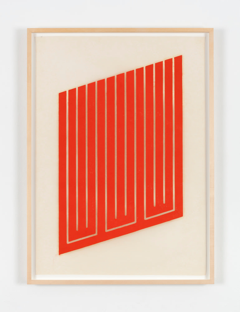 Donald Judd "untitled (9-L)" 1961-68 Woodcut print in cadmium red on Japanese paper 30 3/4 x 22 in.