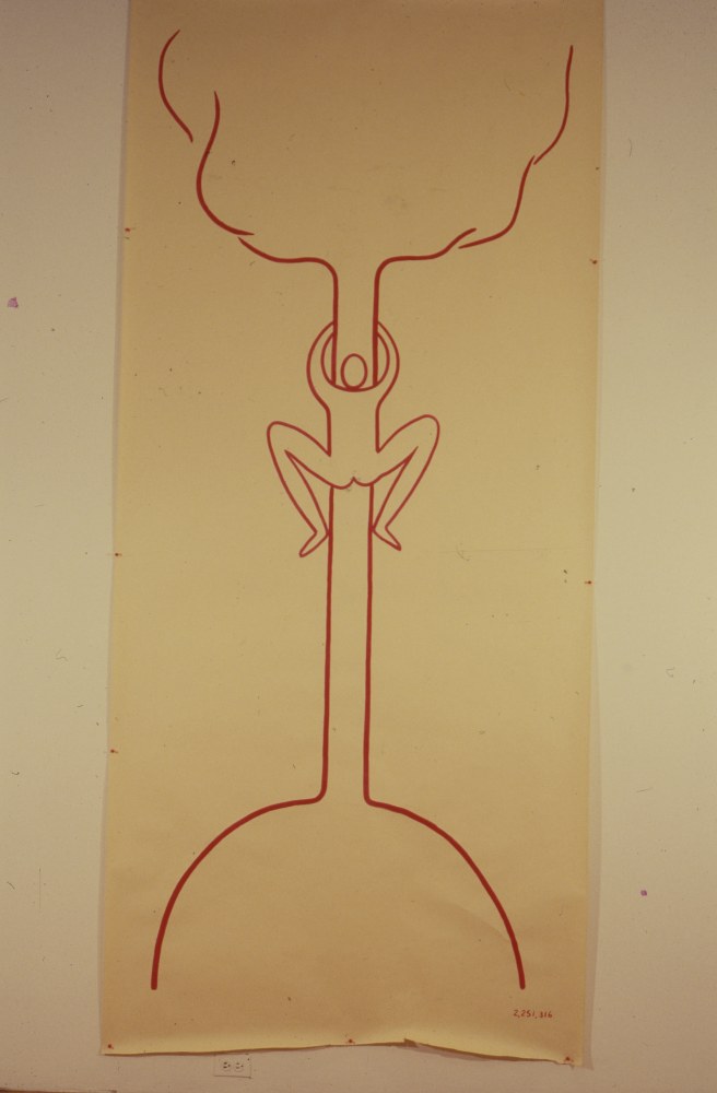 Jonathan Borofsky &quot;Man Climbing Tree in Red at 2,251,316&quot; 1974-75 Acrylic on paper 128 3/4&quot; x 60 1/2&quot;