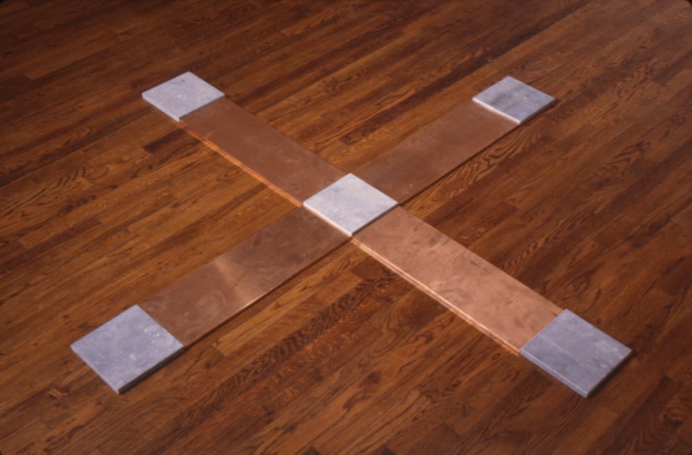 Carl Andre &quot;Copper Blue Crux&quot; 1990 Copper and limestone overall: 7/8 x 70 7/8 x 70 7/8 in.