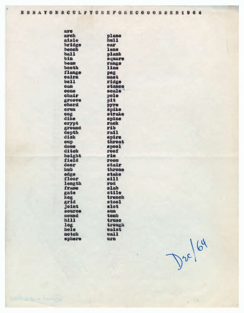Carl Andre &quot;ESSAYONSCULPTUREFORECGOOSSEN1964&quot; 1966 Typed carbon on paper 11&quot; x 8 1/2&quot;