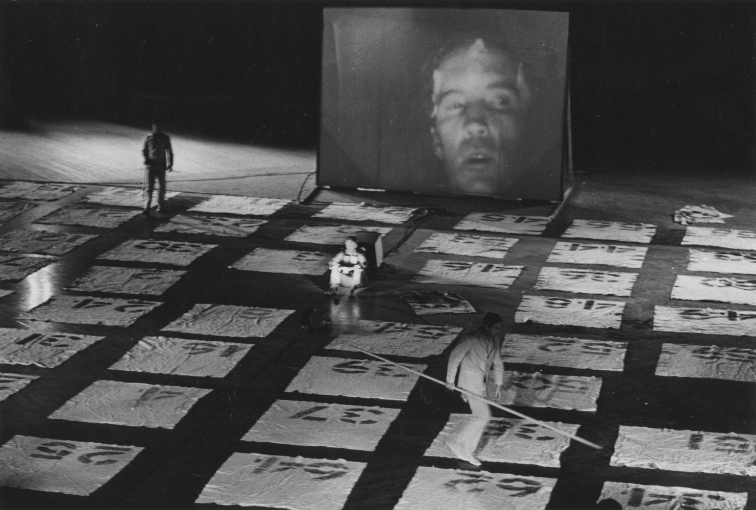 Peter Moore Overall view of Alex Hay, Robert Rauschenberg and video screen in Alex Hay's "Grass Field," 9 Evenings: Theatre and Engineering, New York, 1966