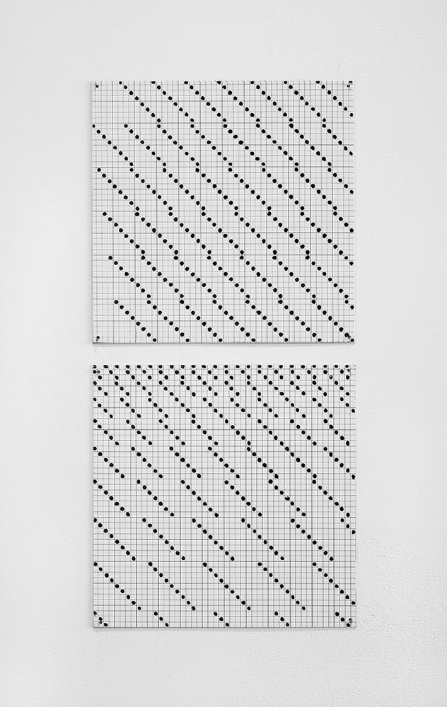 Jennifer Bartlett "Untitled (diagonals)" early 1970s Enamel over silkscreen grid on baked enamel, 2 steel plates overall: 25 x 12 in.