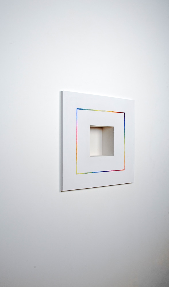 Jackie Winsor Inset Wall Piece White with Four Color Spectrum Drawing, 1995 plaster and color pencil 18" x 18" x 4 1/2"